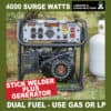 Dual Fuel 4000 Surge Watt Generator Plus Stick Welder/TIG ready w/CO