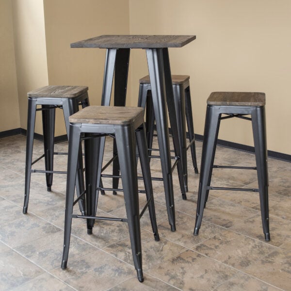 Loft Glossy Black Pub Table with Wood Top and 4 Bar Stools 5 Piece Set