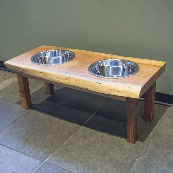 Acacia Wood Live Edge Double Bowl Pet Feeder