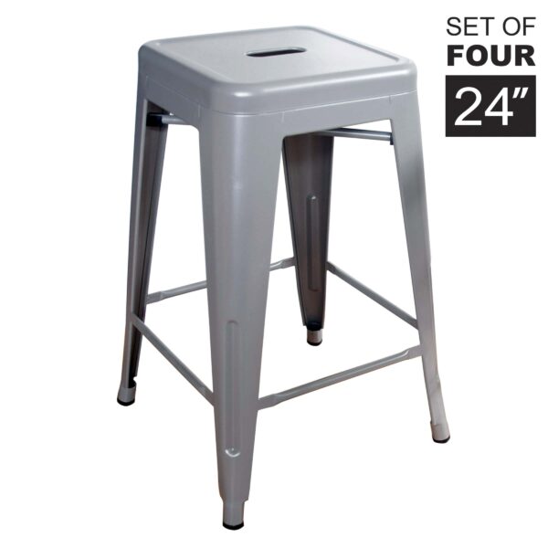 4 Piece Set 24 Inch Silver Metal Loft Bar Stools