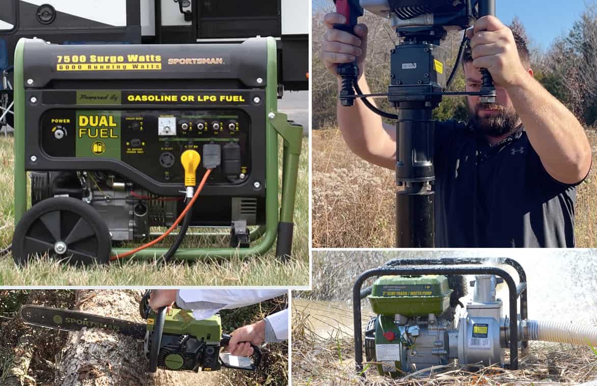 Sportman Generators, chain saws, water pumps and more