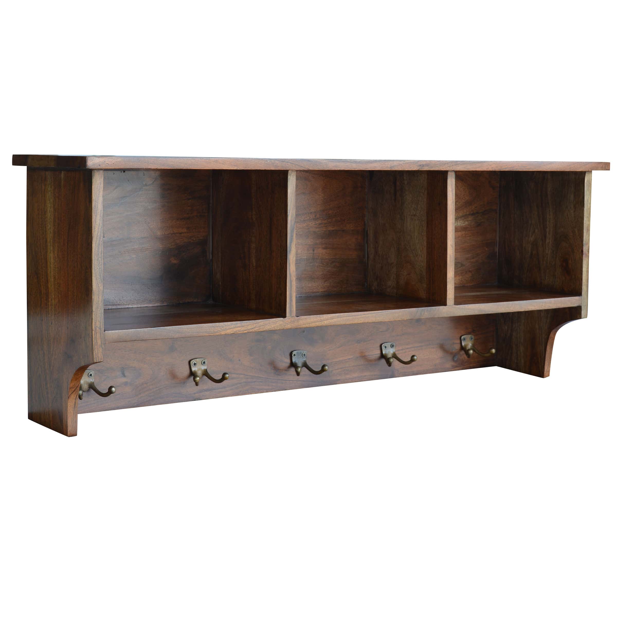 Acacia Wood Wall Mounted Shelf with Coat Hooks & Storage Nooks