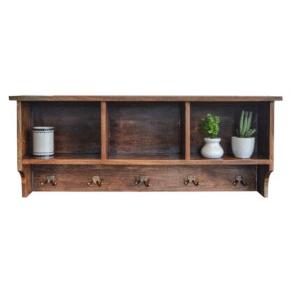 Acacia Wood Wall Mounted Shelf with Coat Hooks & Storage Nooks