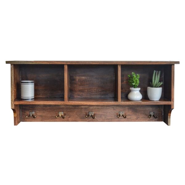 Acacia Wood Wall Mounted Shelf with Coat Hooks & Storage Nooks