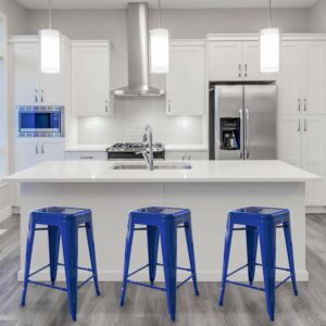 3 Piece Set 24 Inch Blue Metal Loft Bar Stools