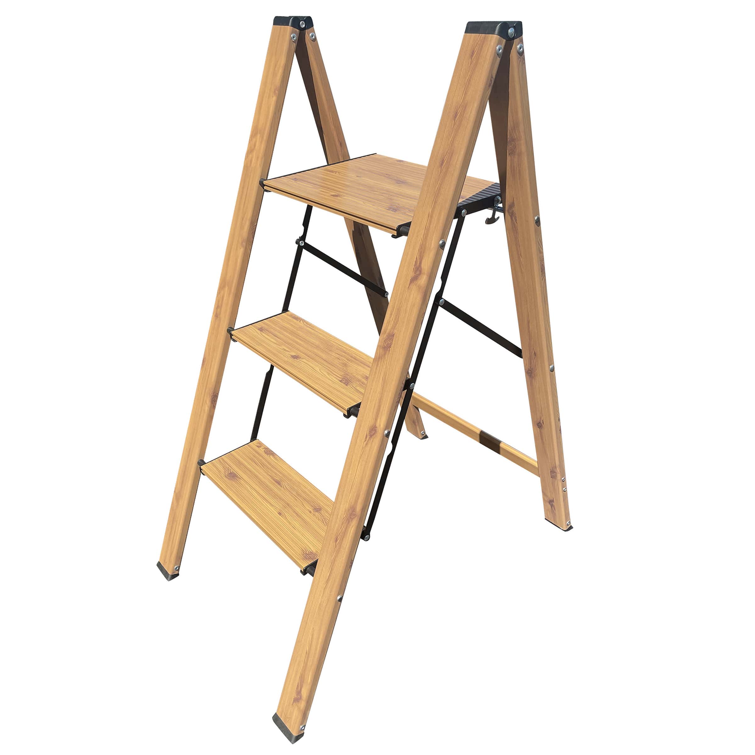 Aluminum Wood Grain Three Step Folding Utility Step Ladder